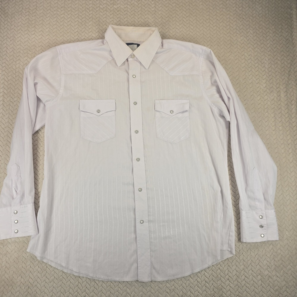 Wrangler Mens 2XL White Dobby Stripe Pearl Snap Western Shirt Vintage LS